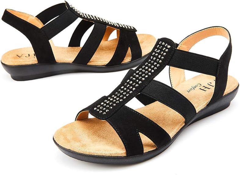 VJH confort Women's Comfort Flat Sandals Summer,with Rhinestone Open Toe Elastic Slip On Slingback Casual Walking Low Heele Sandals